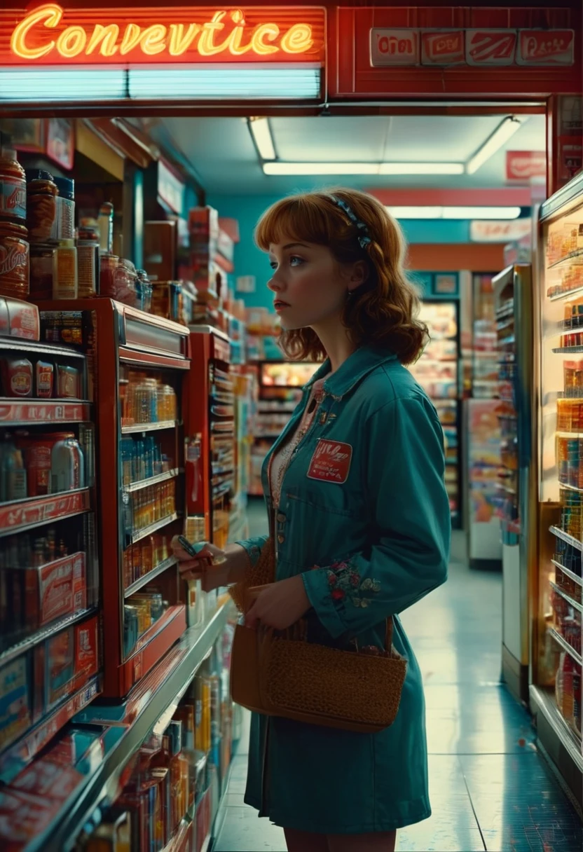 midnight convenience store, best quality, masterpiece, very aesthetic, perfect composition, intricate details, ultra-detailed, by Annie O'Brien, movie still