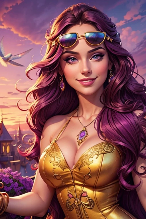 an absolutely gorgeous young woman with long flyaway wavy hair, charming smile, purple sky, sunglasses, cute, sassy, whimsical, colorful, fantasy, intricate, meticulously detailed, masterpiece