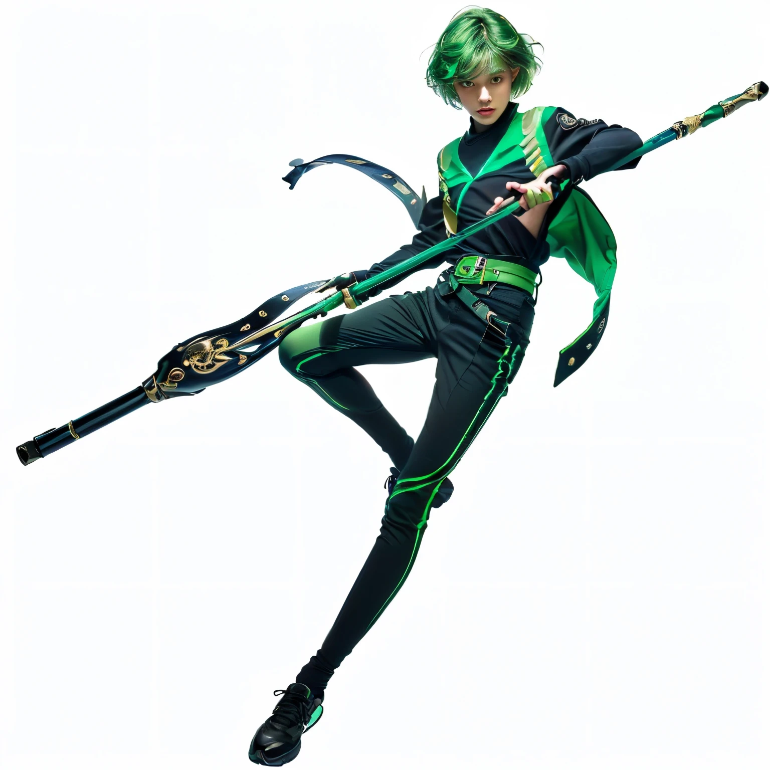 (best quality,8k masterpiece:1.2,ultra-detailed,photorealistic:1.37),vivid colors,studio lighting,beautiful detailed glowing light,Peter Mohrbacher's artwork,green hair,black and deep blue combined clothes,a little boy,holding a long staff,green belt,all in black,red eyes。