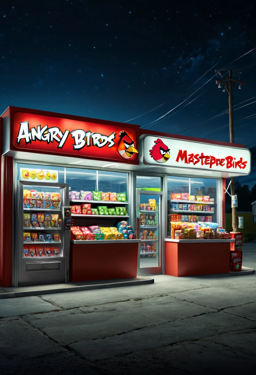 midnight convenience store, movie still, angry birds, (masterpiece, best quality, Professional, perfect composition, very aesthetic, absurdres, ultra-detailed, intricate details:1.3)