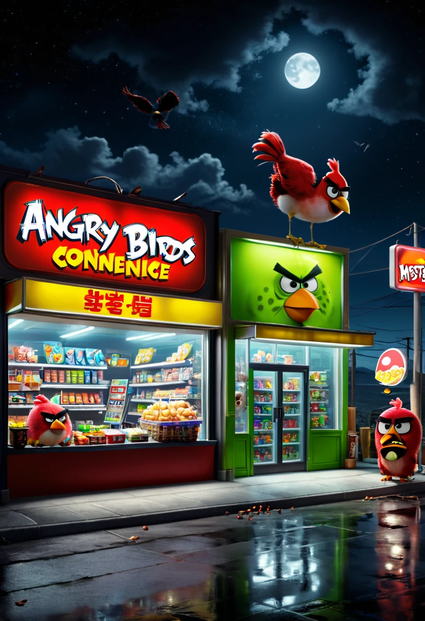 midnight convenience store, movie still, angry birds, (masterpiece, best quality, Professional, perfect composition, very aesthetic, absurdres, ultra-detailed, intricate details:1.3)