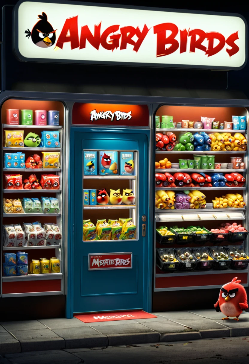 midnight convenience store, movie still, angry birds, (masterpiece, best quality, Professional, perfect composition, very aesthetic, absurdres, ultra-detailed, intricate details:1.3)