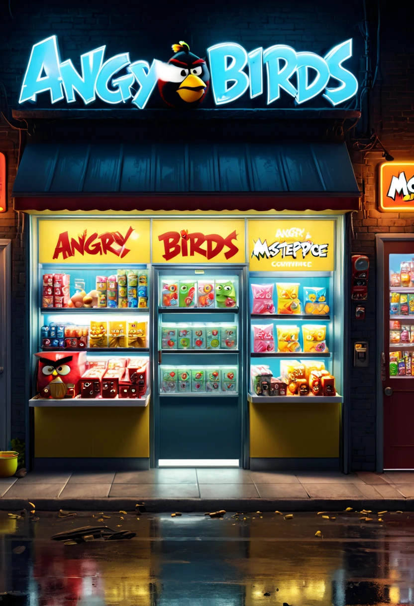 midnight convenience store, movie still, angry birds, (masterpiece, best quality, Professional, perfect composition, very aesthetic, absurdres, ultra-detailed, intricate details:1.3)
