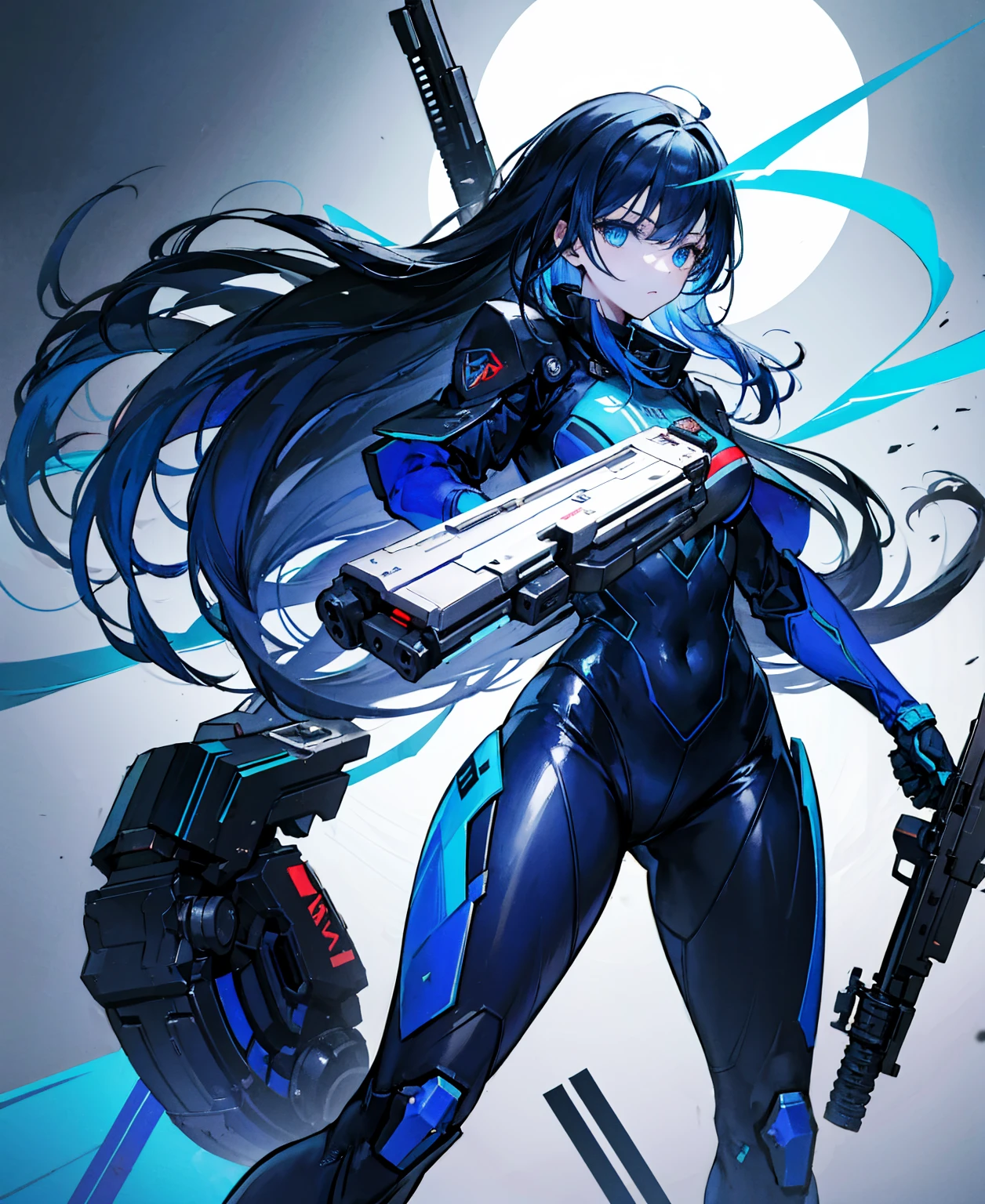 no background,girl,carry a firearm,Enamel-like tight suit,use of firearms,dark blue long hair,attention arousal,blue colored eyes,no gradation