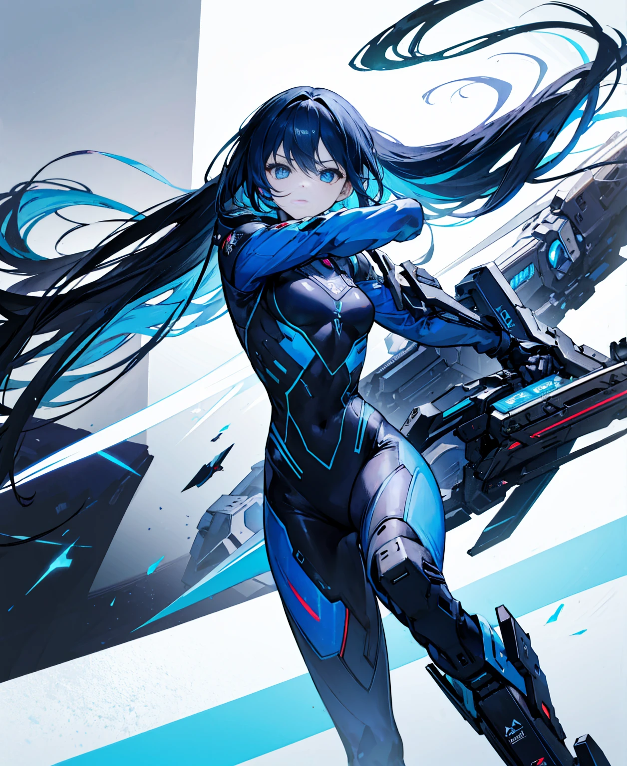 no background，girl，carry a firearm，Enamel-like tight suit，use of firearms，dark blue long hair，attention arousal，blue colored eyes,no gradation