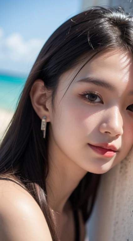ikon RAW photo,8 k,Fujifilm XT3,masterpiece, best quality, realistic, photorealistic,ultra detailed,1girl,solo, close up portrait, diamond stud earrings, long straight black hair, hazel eyes, serious expression, topless , Ocean , saika1,underless,underless最高品質, 8K, masterpiece :1.3)), 2 Japanese teenage girls, smile,官能的 small breasts,whole body, Face thinning, Beautiful woman,topless (dark brown hair), :1.1, ,Teabag,highly detailed face, delicate eyes, double eyelid, blurred background, Face thinning, ベージュロングboots,small breasts,Ocean，topless,boots，underless，Ultra beige mini skirt
