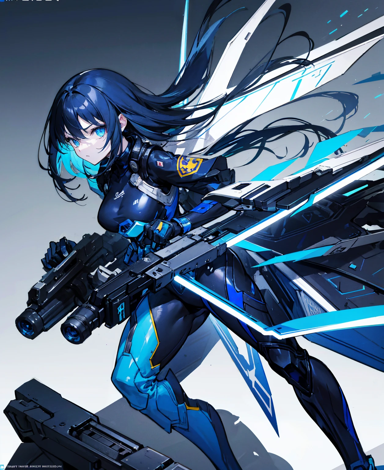 no background,girl,carry a firearm,Enamel-like tight suit,use of firearms,dark blue long hair,attention arousal,blue colored eyes,no gradation