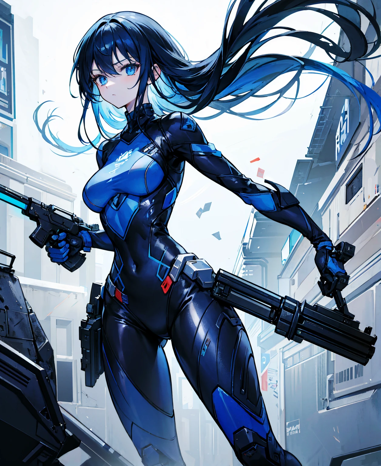 no background，girl，carry a firearm，Enamel-like tight suit，use of firearms，dark blue long hair，attention arousal，blue colored eyes,no gradation