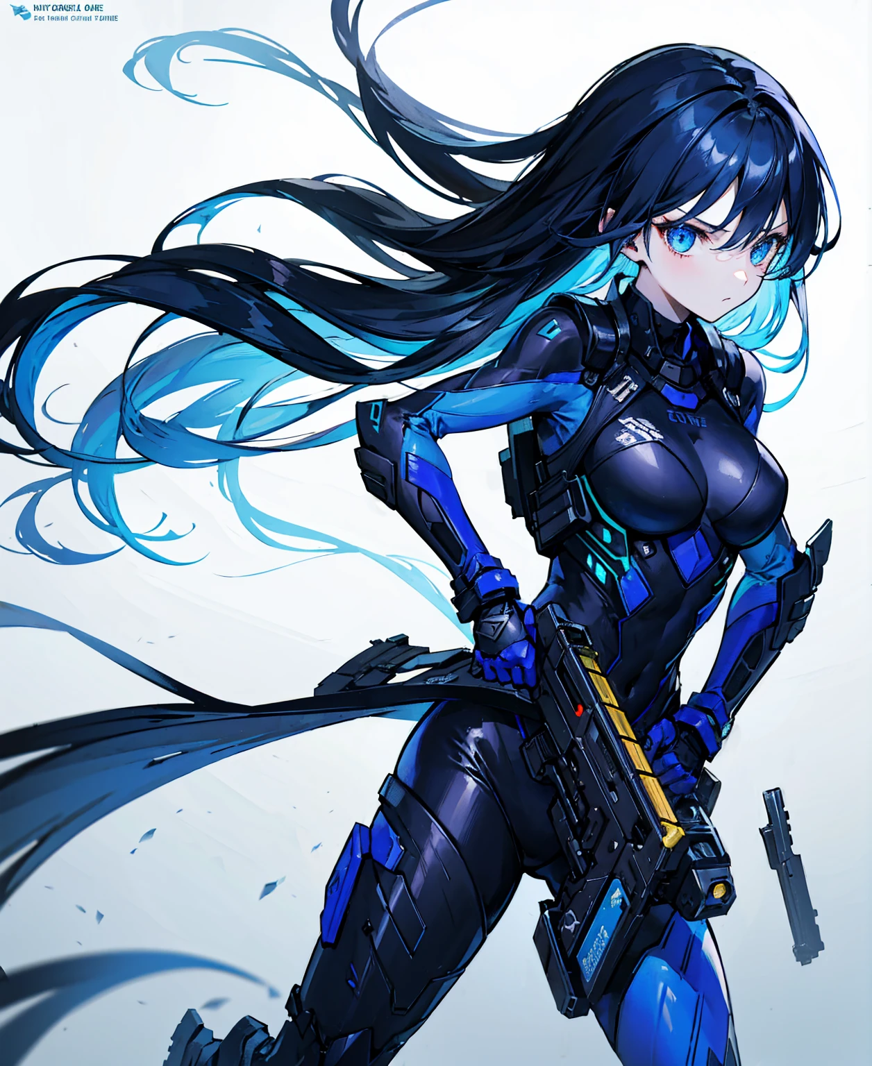 no background，girl，carry a firearm，Enamel-like tight suit，use of firearms，dark blue long hair，attention arousal，blue colored eyes,no gradation