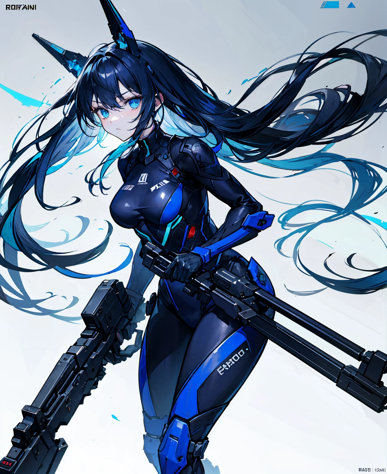 no background,girl,carry a firearm,Enamel-like tight suit,use of firearms,dark blue long hair,attention arousal,blue colored eyes,no gradation