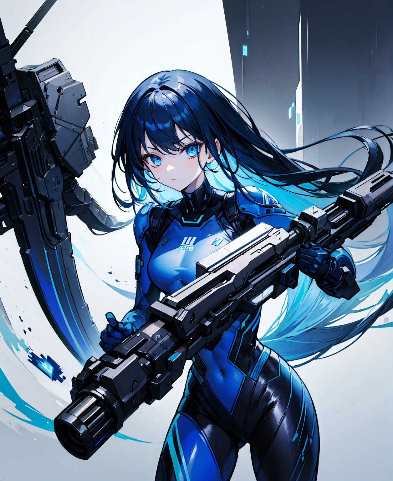 no background,girl,carry a firearm,Enamel-like tight suit,use of firearms,dark blue long hair,attention arousal,blue colored eyes,no gradation