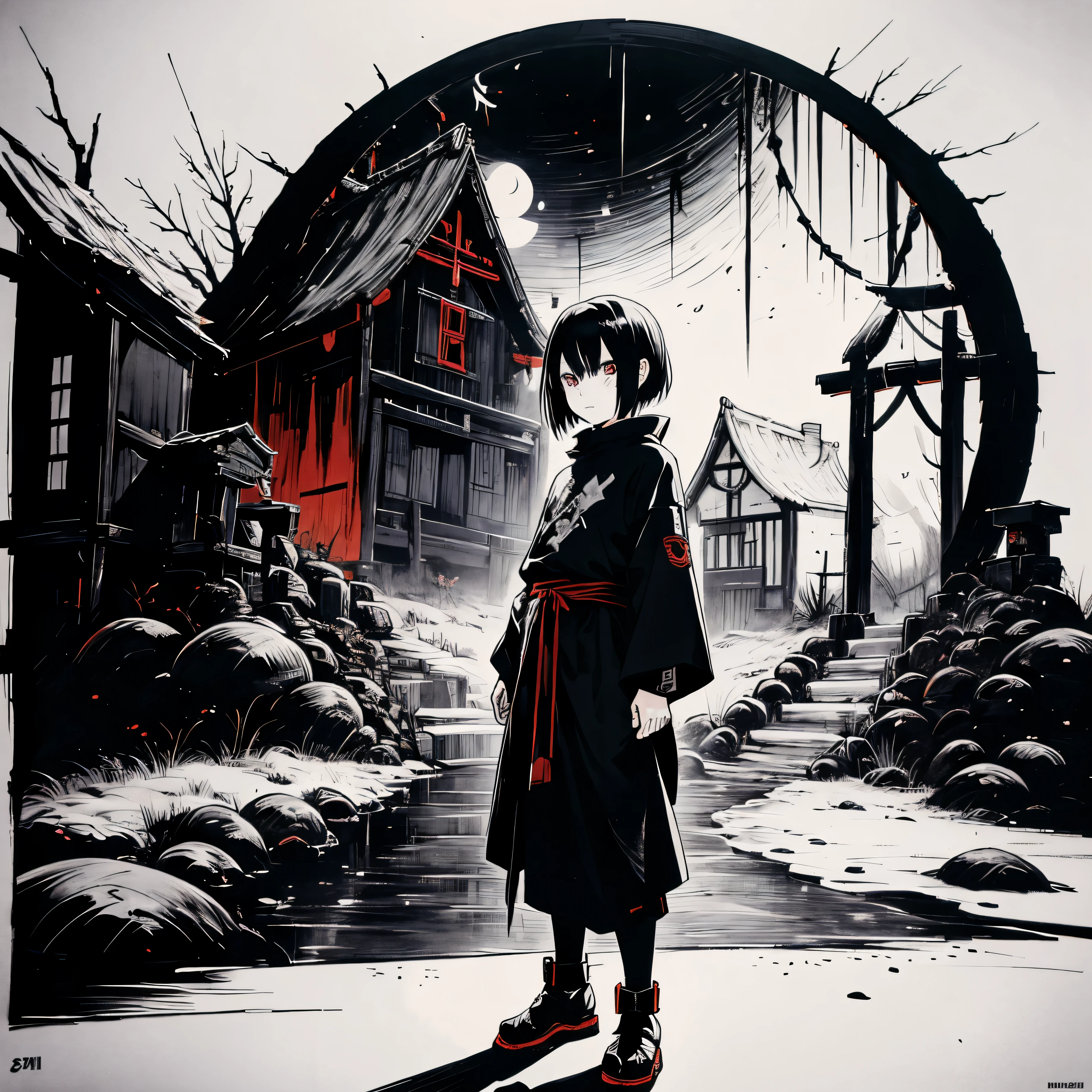 Anime, eight years old, short hair, straight hair, basic clothing, traditional ninja outfit, village setting, black and white drawing, vulca style, ink art, detailed character, 4k quality, HD, ultra, art, brushstroke drawing , black drops, dark paint, black paint splashes, character inspired by Itachi Uchiha, huntress outfit