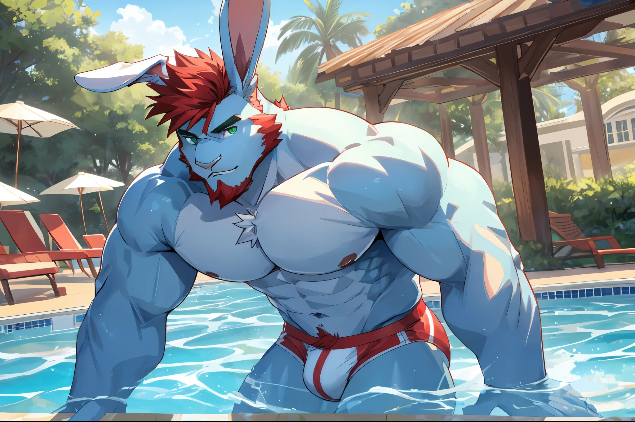 ((best quality)), ((masterpiece)), (detailed), perfect face, bara furry, rabbit man, big body, light blue skin, short quiff red hair, green eyes, perfect eyes, big rabbit ears, handsome, at pool, white underwear