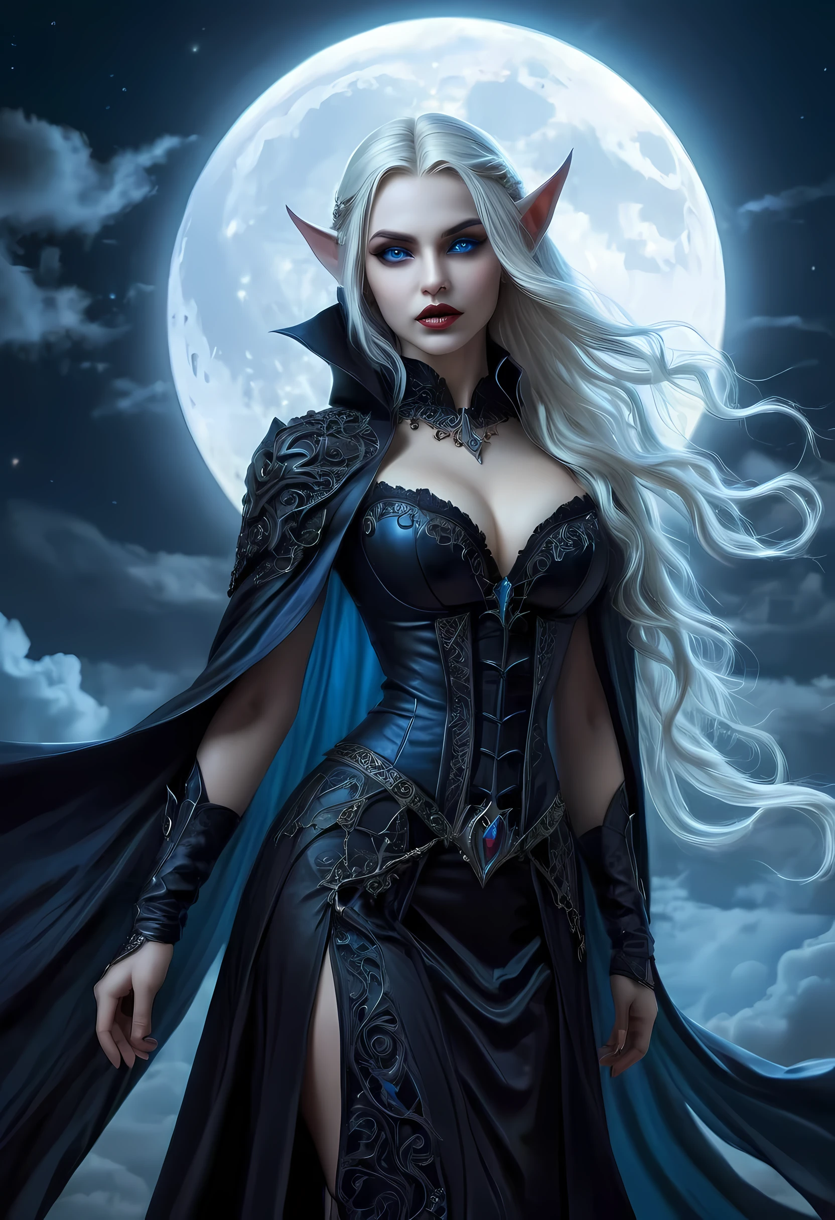 fantasy art, gothic art, (masterpiece:1.5), full body best details, highly detailed, best quality, Glowing blue, highres, full body portrait of a vampire, elf (Masterpiece, best quality: 1.6), ultra feminine, wizard, (intricate details, Masterpiece, best quality: 1.5) with a long curvy hair, light color hair, (blue:1.3) eyes, (fantasy art, Masterpiece, best quality), ((beautiful delicate face)), Ultra Detailed Face (intricate details, fantasy art, Masterpiece, best quality: 1.5), [[vampiric fangs 1.5]] (white cloak: 1.3) , flowing cloak (intricate details, fantasy art, Masterpiece, best quality: 1.3), wearing an intricate (black: 1.2) dress (intricate details, fantasy art, Masterpiece, best quality: 1.5), high heeled boots, urban background (intense details, beat details), fantasy, at night light, natural ,moon light, clouds, gothic atmosphere, soft light, dynamic light, [[anatomically correct]], high details, best quality, 8k, [ultra detailed], masterpiece, best quality, (extremely detailed), dynamic angle