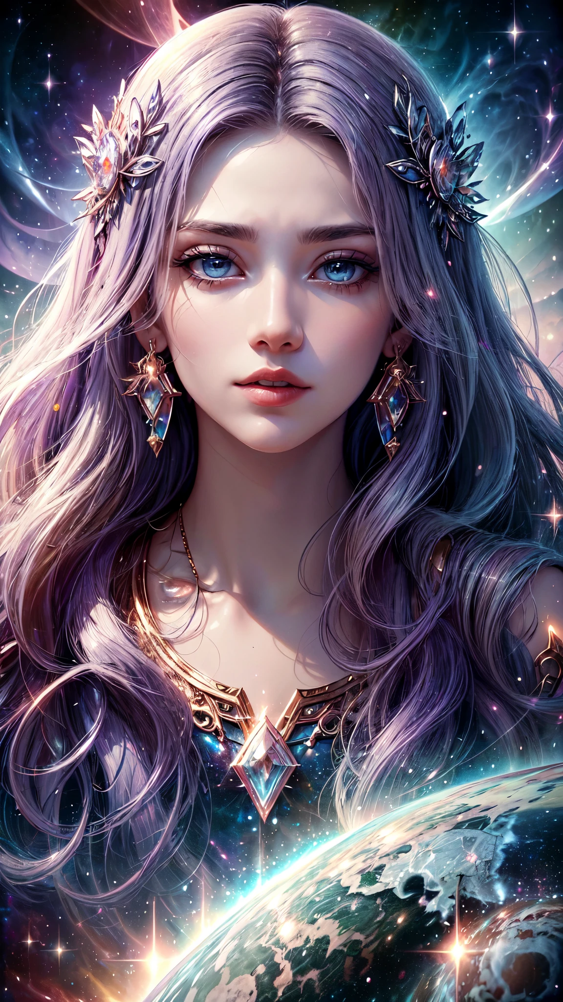 A woman with enchanting purple hair cascading down her shoulders, adorned with a radiant star at her forehead, embodies the essence of a cosmic goddess. In this portrait, the goddess of space and time is depicted in an impressive manner, her divine features accentuated with intricate details. The goddess's beautiful countenance is captured in an immaculate way, her mesmerizing eyes sparkling with celestial power, and her hands, delicately illustrated with finesse. This is an artistic rendition of a magnificent cosmic goddess, her ethereal beauty transcending time and space. The portrait radiates an aura of the Divine Feminine, and
