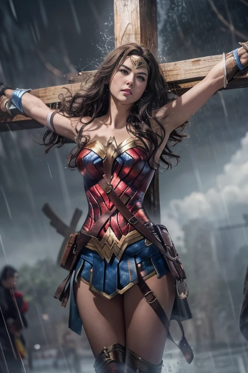 rain,Heavy rain,豪rain,In the midst of a storm,Full body soaked,my hair is soaked,dripping water,((crucifixion)),(cross),(execution),((incontinence)),Bruises on the face,facial scars,close ~ eye,sleeping face,syncope,((Woman made crucifixion by cross:1.5)),crucifixion刑,(wonder woman),torn costume,tattered clothes,Bruises on the face or body,masterpiece、fine eye、puffy eye、highest quality, 超High resolution, (reality: 1.4), movie lighting、(super reality)、(High resolution)、(8K)、(very detailed)、(Super detailed)、 detailed face、bright lighting、professional lighting、slanted bangs、brown hair、20-year-old,wonder womanティアラ