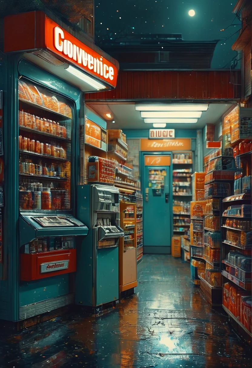 midnight convenience store, best quality, masterpiece, very aesthetic, perfect composition, intricate details, ultra-detailed, by Oleksandra Ekster