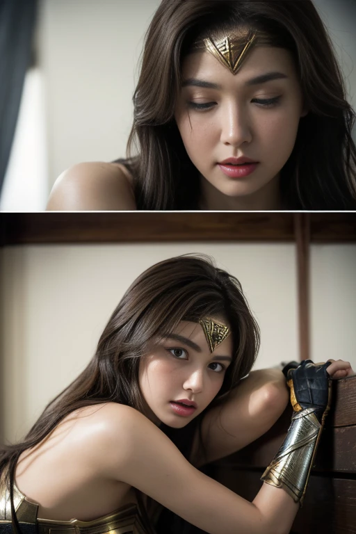 very dirty basement、prison、wonder woman(a lot of sweat,Bruises on the face,scar on face,Close ~ eyes,Sleeping face,fainting，，battle damage､Bruises on the face or body,very dirty face)、highest quality, ultra high resolution, reality: 1.4, movie lighting、super reality、8k、slanted bangs、brown hair、20-year-old，wonder womanティアラ