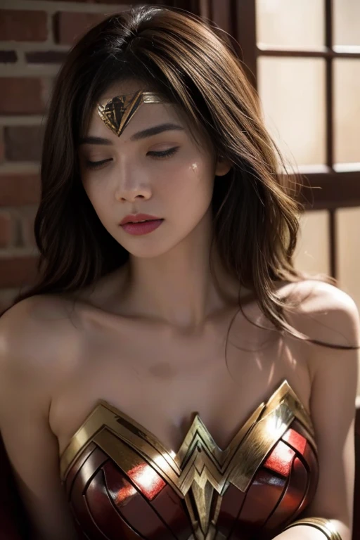 very dirty basement、prison、wonder woman(a lot of sweat,Bruises on the face,scar on face,Close ~ eyes,Sleeping face,fainting,,battle damage、Bruises on the face or body,very dirty face)、highest quality, ultra high resolution, reality: 1.4, movie lighting、super reality、8k、slanted bangs、brown hair、20-year-old,wonder womanティアラ
