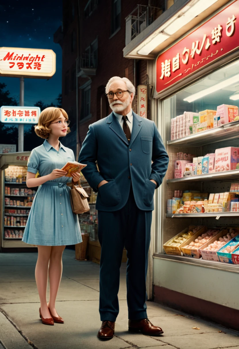 midnight convenience store, Movie Still, action shot, Ernest and Celestine, (masterpiece, best quality, Professional, perfect composition, very aesthetic, absurdres, ultra-detailed, intricate details:1.3)