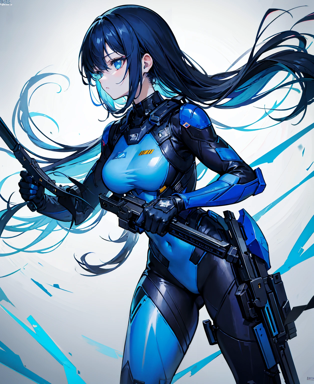 no background,girl,carry a firearm,Enamel-like tight suit,use of firearms,dark blue long hair,attention arousal,blue colored eyes,no gradation