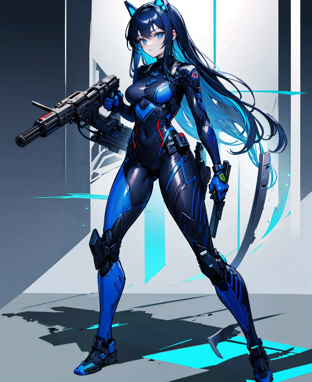 no background,girl,carry a firearm,Enamel-like tight suit,use of firearms,dark blue long hair,attention arousal,blue colored eyes,no gradation