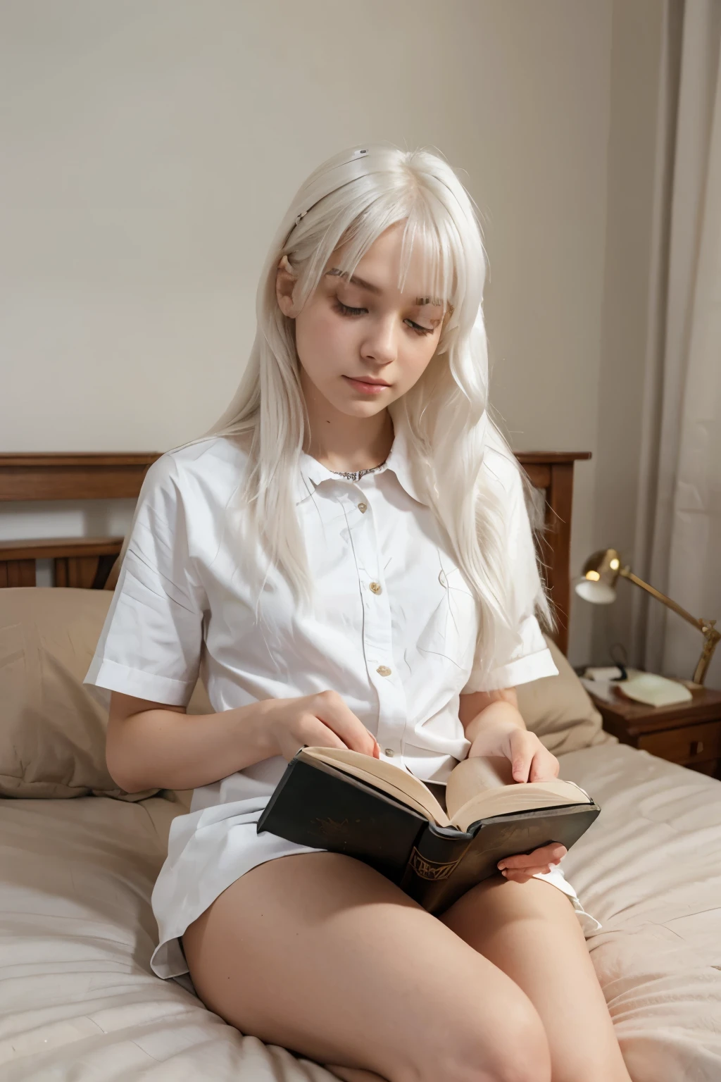 White hair, , Russian girl, read a book in the bed