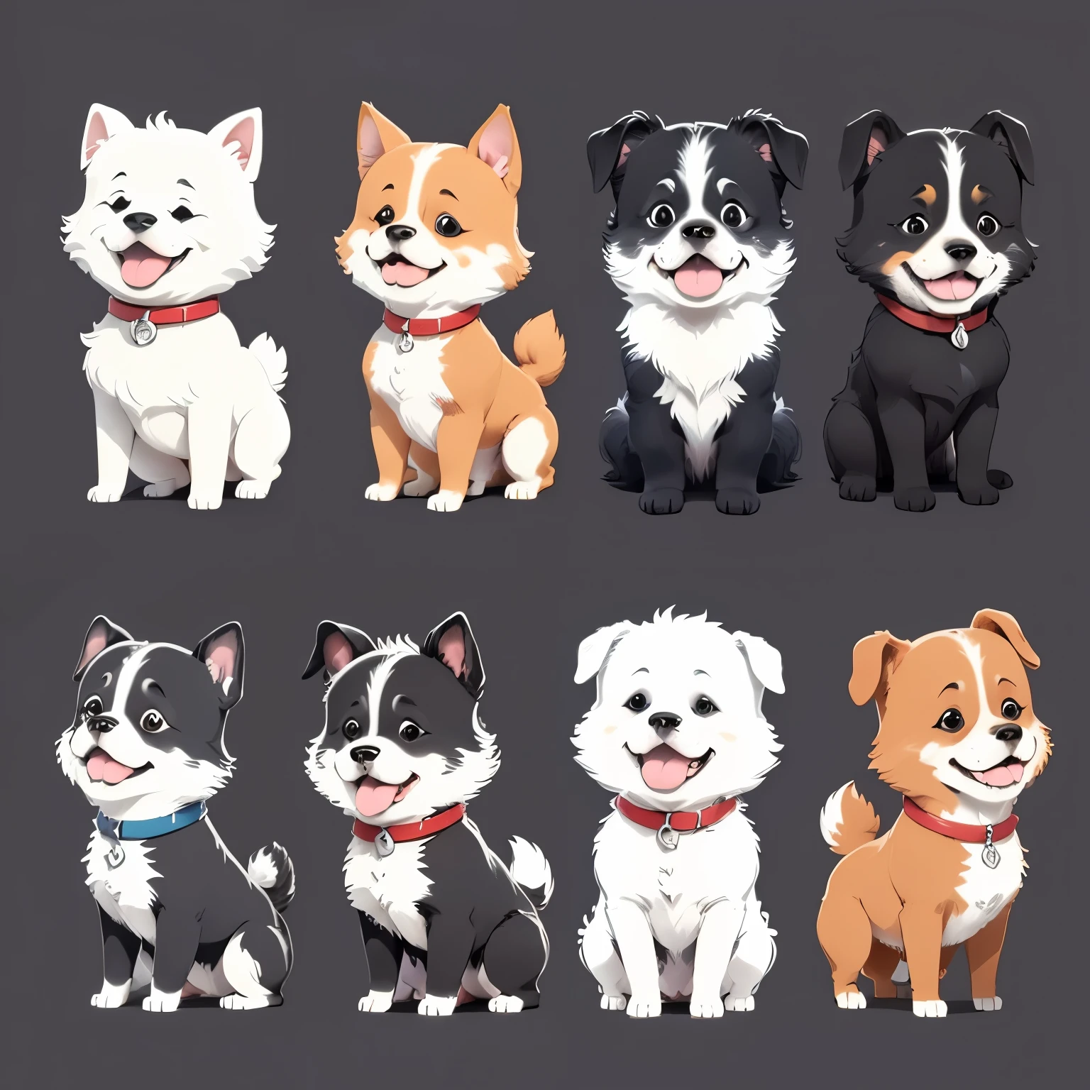 Four Dog of the same size on Jean Julien style, simple sketch-style, minimalistic, four poses and expressions (the first Dog is laughing, the second Dog is angry, the third Dog is speechless, the fourth Dog is sad, thick and cute limbs, minimal detail and movement, black and white, basic lines, simplistic and abstract
