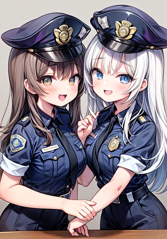 (最high quality:1.2),(table top:1.2),  multipel girls,high quality、High resolution、high quality、2 girls。policewoman。female police officer。。mesugaki,police officer hat。(lily:0.7),gray background, same uniform,