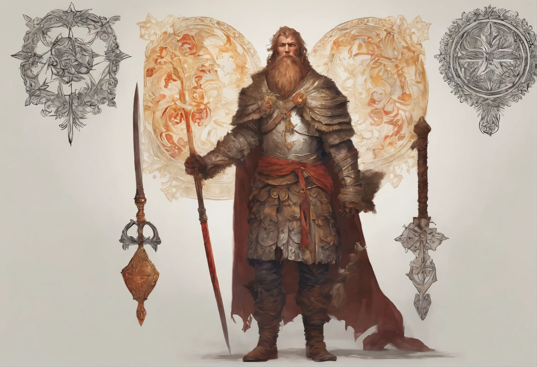 Concept art, sketch, (DARK SOULS, DARK FANTASY), masterpiece, realistic lighting, Abyss, detailed art by PeterMohrBacher. The (((russian knight))) (Solair of Astora), red hair, massive armor. Open face, open head, armor forged from steel and adorned with intricate patterns, ancient mysteries. (sword and round shield). Upon his cloak are embroidered images of ((slavic solar symbols and ancient slavic runic signs)).