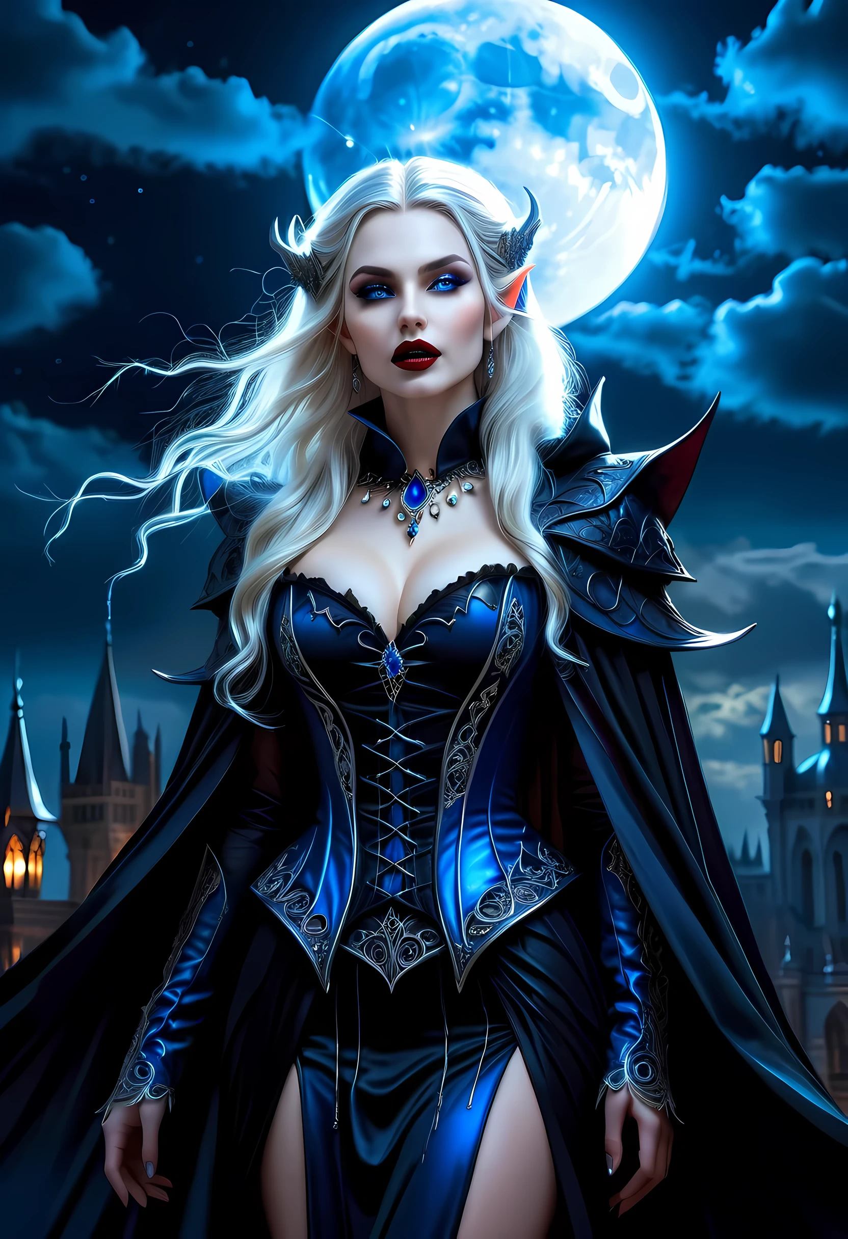 fantasy art, gothic art, (masterpiece:1.5), full body best details, highly detailed, best quality, Glowing blue, highres, full body portrait of a vampire, elf (Masterpiece, best quality: 1.6), ultra feminine, wizard, (intricate details, Masterpiece, best quality: 1.5) with a long curvy hair, light color hair, (blue:1.3) eyes, (fantasy art, Masterpiece, best quality), ((beautiful delicate face)), Ultra Detailed Face (intricate details, fantasy art, Masterpiece, best quality: 1.5), [[vampiric fangs 1.5]] (white cloak: 1.3) , flowing cloak (intricate details, fantasy art, Masterpiece, best quality: 1.3), wearing an intricate (black: 1.2) dress (intricate details, fantasy art, Masterpiece, best quality: 1.5), high heeled boots, urban background (intense details, beat details), fantasy, at night light, natural ,moon light, clouds, gothic atmosphere, soft light, dynamic light, [[anatomically correct]], high details, best quality, 8k, [ultra detailed], masterpiece, best quality, (extremely detailed), dynamic angle