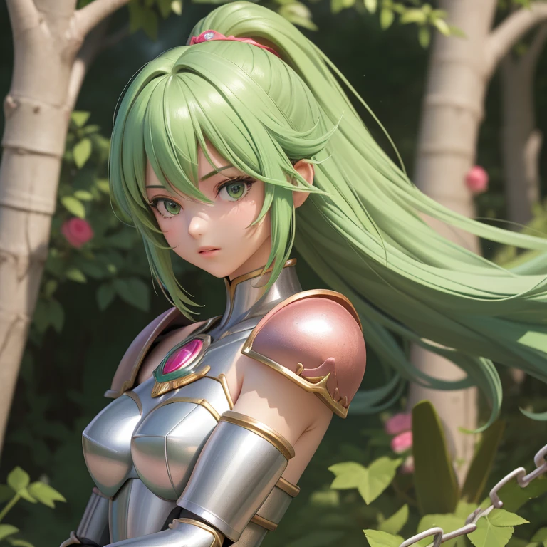 une femme, 25 ans, manga, cheveux longs, cheveux de couleur verte, green hairs, pink armor, armure de couleur rose, armure d'andromède de couleur rose, pink colored shoulder pads, pink shoulder armour, pink shest armour, saint seiya, shun, andromeda, chains attached to the arms, casque, chevalier du zodiaque, on an isolated island, falaise, pilier de pierre