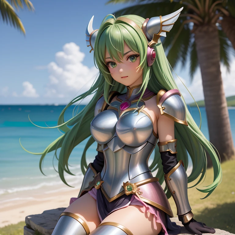 une femme, 25 ans, manga, cheveux longs, cheveux de couleur verte, green hairs, pink armor, armure de couleur rose, armure d'andromède de couleur rose, pink colored shoulder pads, pink shoulder armour, pink shest armour, saint seiya, shun, andromeda, chains attached to the arms, casque, chevalier du zodiaque, on an isolated island, falaise, pilier de pierre