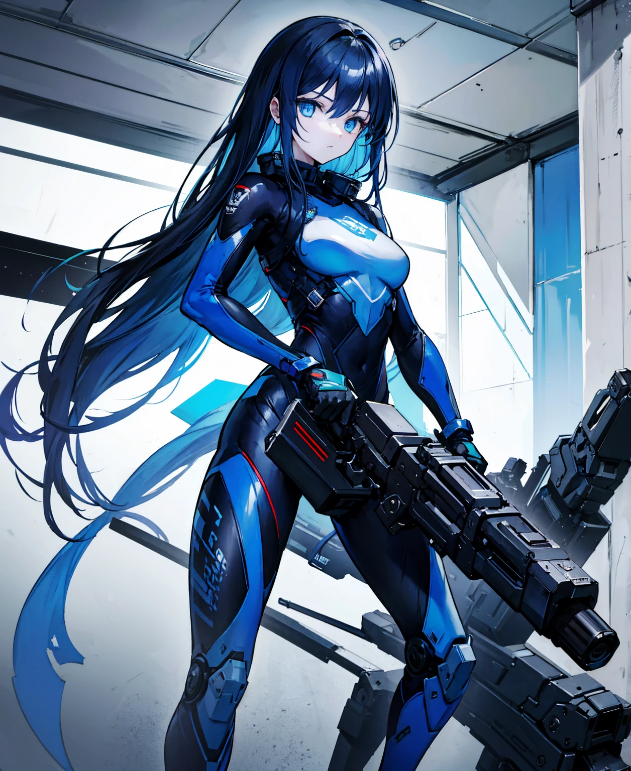 no background，girl，carry a firearm，Enamel-like tight suit，use of firearms，dark blue long hair，attention arousal，blue colored eyes,no gradation