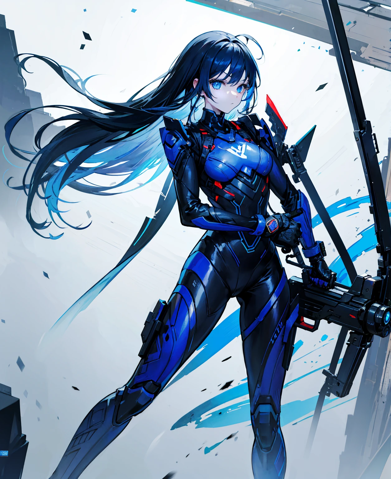 no background，girl，carry a firearm，Enamel-like tight suit，use of firearms，dark blue long hair，attention arousal，blue colored eyes,no gradation