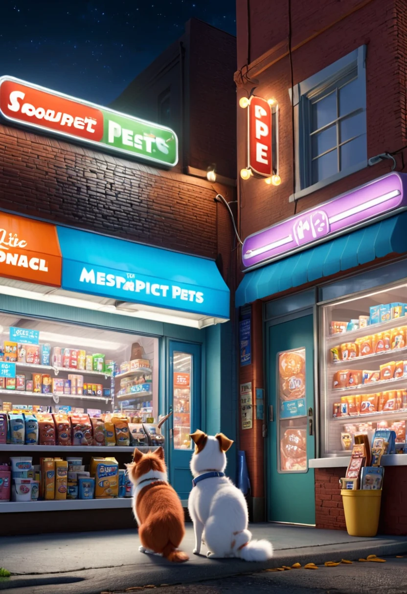 midnight convenience store, Movie Still, The Secret Life of Pets, (masterpiece, best quality, Professional, perfect composition, very aesthetic, absurdres, ultra-detailed, intricate details:1.3)