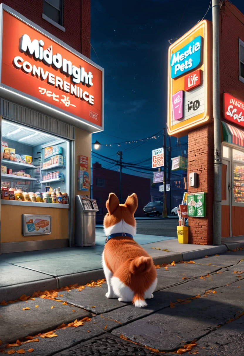 midnight convenience store, Movie Still, The Secret Life of Pets, (masterpiece, best quality, Professional, perfect composition, very aesthetic, absurdres, ultra-detailed, intricate details:1.3)