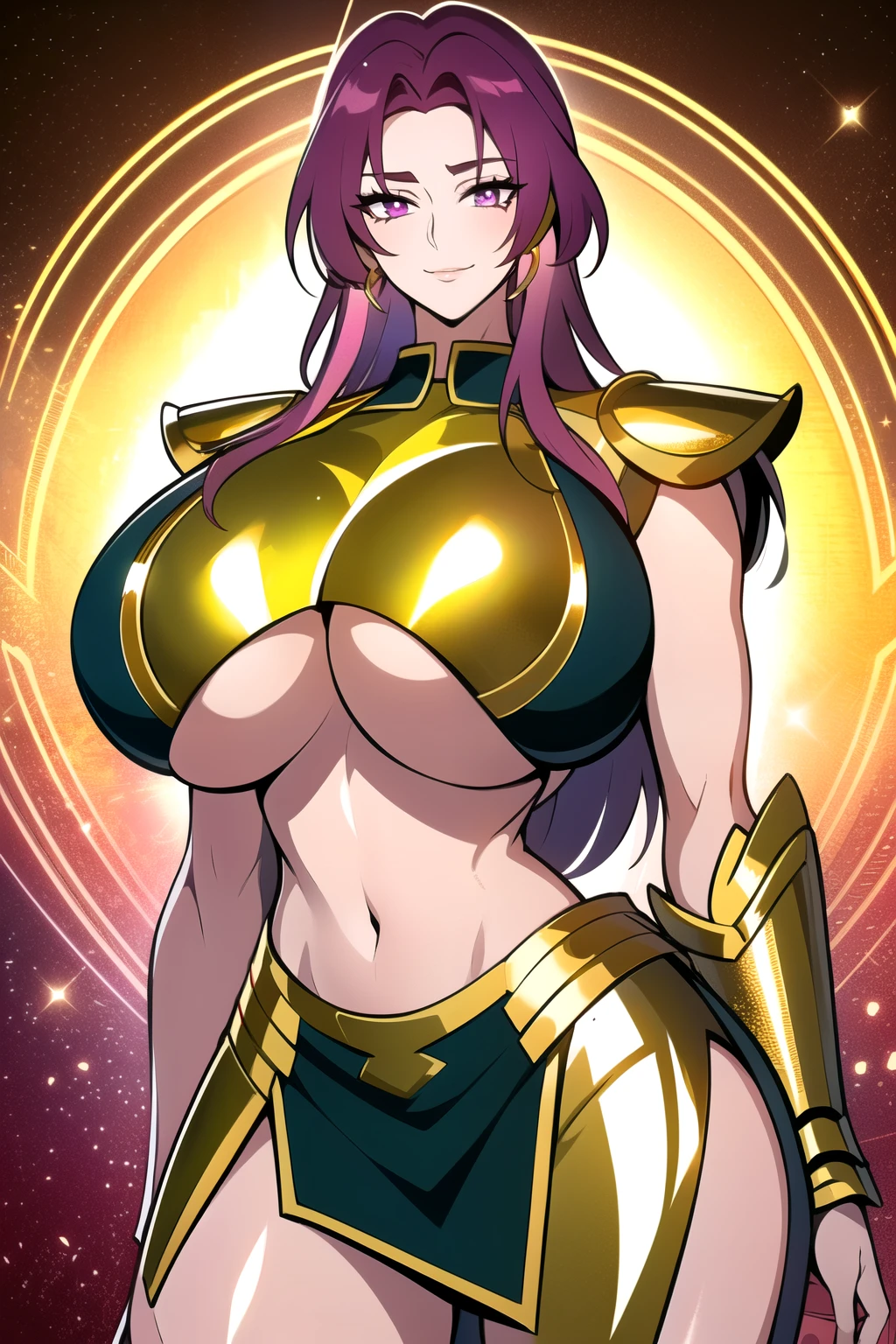 ultra realistic 8k cg, masterpiece, ((ultra detailed background, intricate detail, highly detailed, fine details best quality, hyperdetailed face)), gigantic breasts ,beautiful lighting, absurdres, BoaHancockV2, 1girl, solo, (magenta hair), long hair, jewelry, closed mouth, ), ((Wearing shiny gold armor: 1.4), (Saint Seiya Armor: 1.4), (underboob : 1.4), curvy, midriff, curvy, thighs, shiny clothes), magenta eyes, complex detailed background, inside, luxury palace), ((cowboy shot)), curvy, (gigantic breasts: 1.1), seductive smile, cowboy shot,
