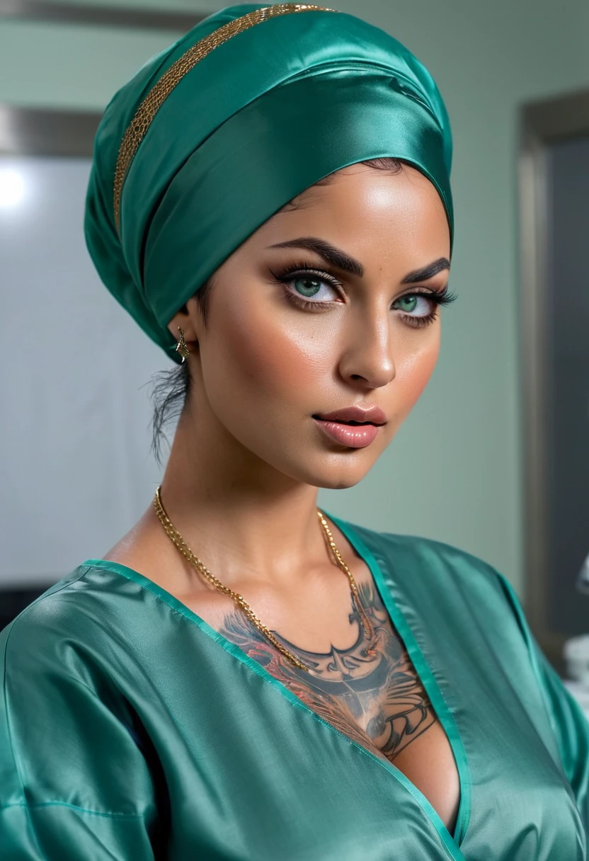 (muste piece, highest quality)((8k)),full body ,colored tattoo,super detailed, Doctor surgeon,muslem girl,arab girl ,blue eyes ,photorealistic,dark bronze shiny skin,beautiful female model,(( surgeon,Surgical green gown,  blouse,arabic traditional dress,traditional bra , turban )) big tits, whitestockings, perfect face, beautiful face, attractive, big gorgeous ass,very big tits,big ass,maldive ((in surgery room)),thin waist, open leg ,horny  ,horny, (shiny skin), she is wet and intimate, she has a submissive expression, direct eye contact, hyperrealistic, unreal engine 5,Suggested pose, 8K