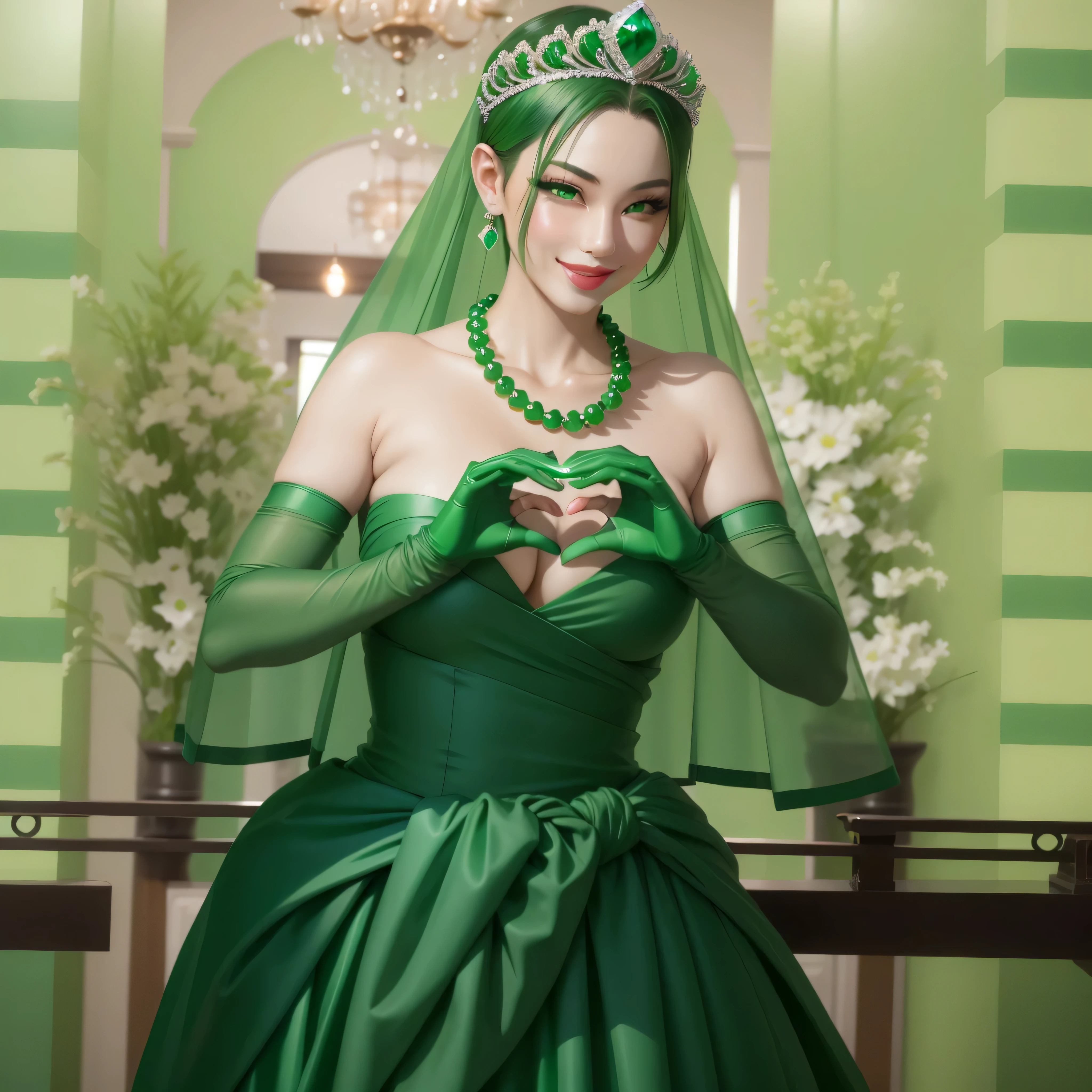 emerald tiara, green pearl necklace, boyish very short green hair, Green Lips, smiling Japanese woman, very short hair, Beautiful woman with big breasts, green eyes, Green satin gloves, green eyes, emerald earrings, green veil, Heart with both hands, green hair, beautiful japanese woman, Heart shaped hands:1.3, green lip gloss