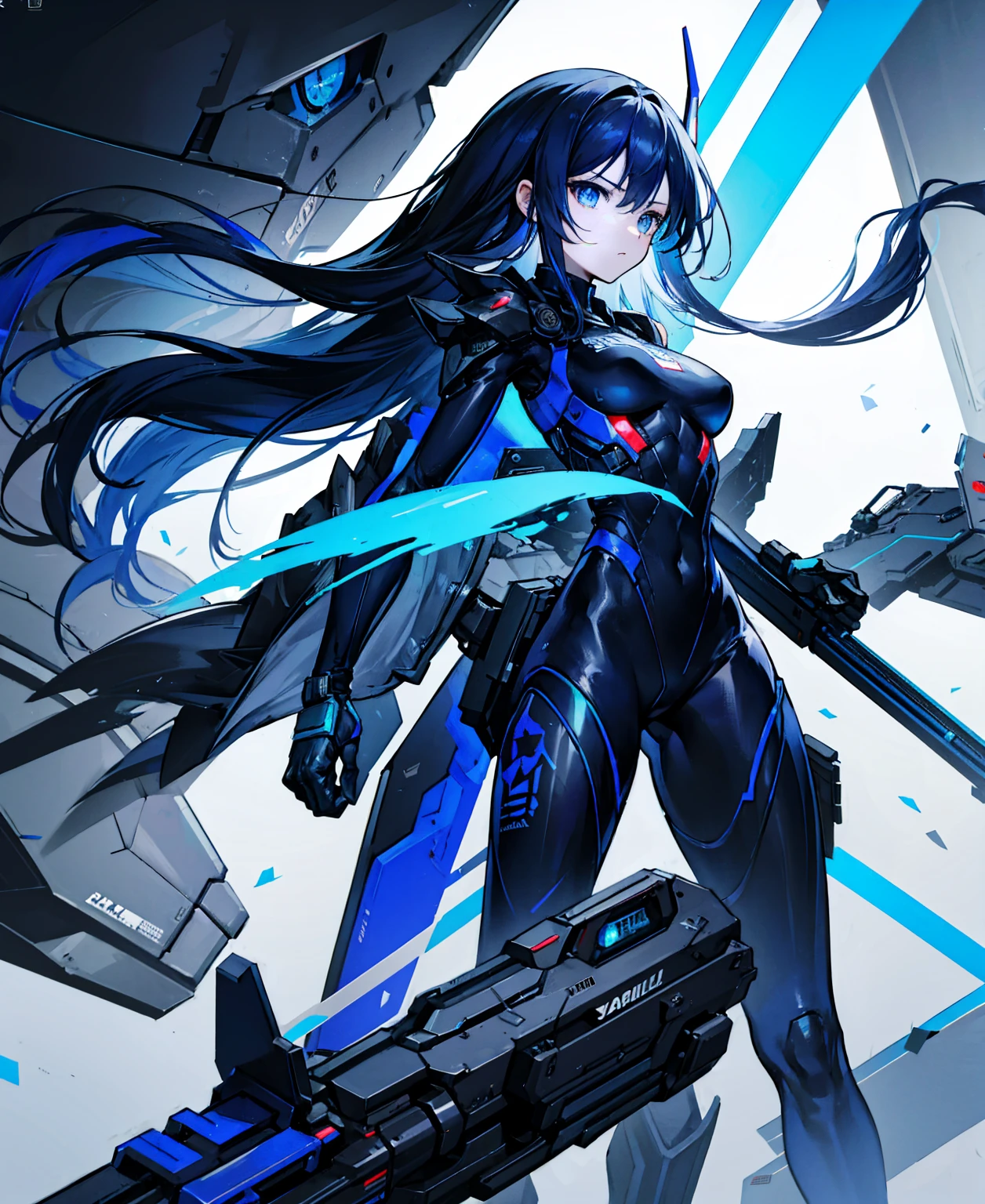 no background,girl,carry a firearm,Enamel-like tight suit,use of firearms,dark blue long hair,attention arousal,blue colored eyes,no gradation
