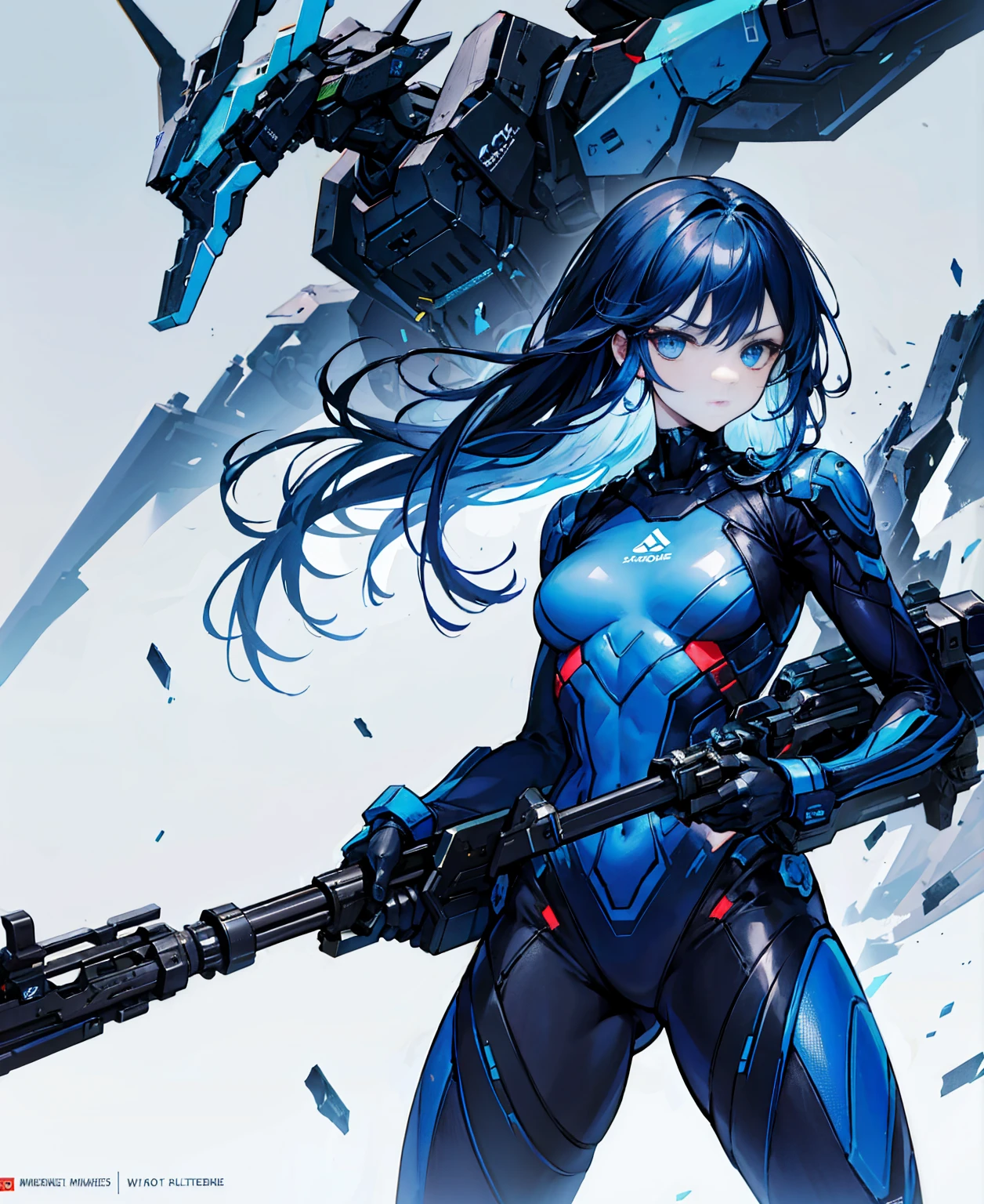 no background，girl，carry a firearm，Enamel-like tight suit，use of firearms，dark blue long hair，attention arousal，blue colored eyes,no gradation