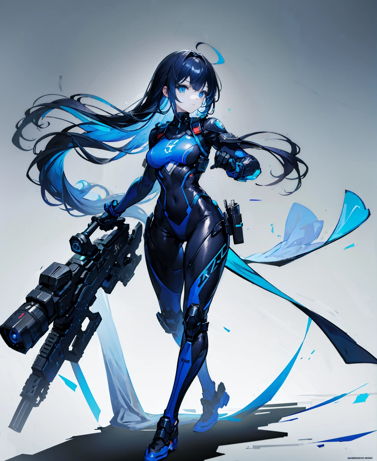 no background,girl,carry a firearm,Enamel-like tight suit,use of firearms,dark blue long hair,attention arousal,blue colored eyes,no gradation