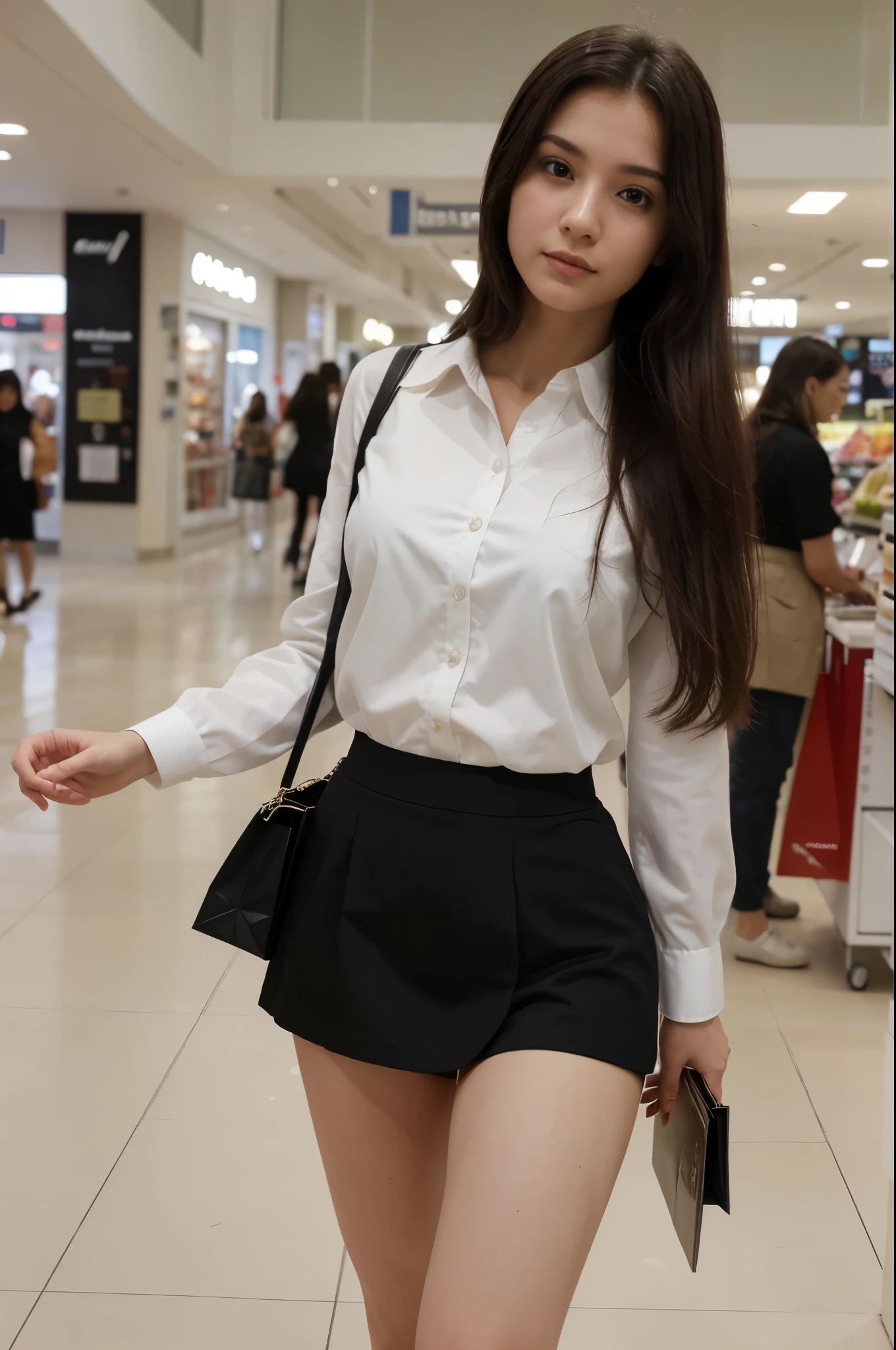 In a shopping center, walking, blurred background with people, black skirt, white blouse 