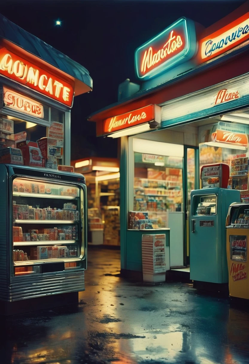 midnight convenience store, best quality, masterpiece, very aesthetic, perfect composition, intricate details, ultra-detailed, by Slim Aarons