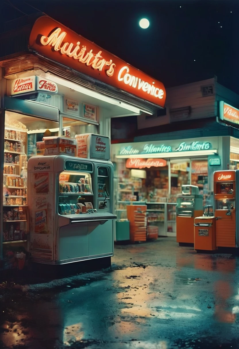 midnight convenience store, best quality, masterpiece, very aesthetic, perfect composition, intricate details, ultra-detailed, by Slim Aarons