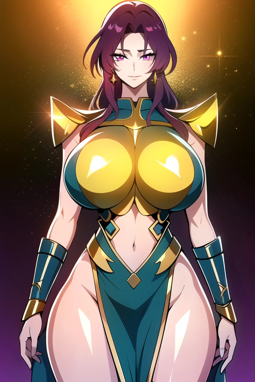 ultra realistic 8k cg, masterpiece, ((ultra detailed background, intricate detail, highly detailed, fine details best quality, hyperdetailed face)), gigantic breasts ,beautiful lighting, absurdres, BoaHancockV2, 1girl, solo, (magenta hair), long hair, jewelry, closed mouth, ), ((Wearing shiny gold armor: 1.4), (Saint Seiya Armor: 1.4),, curvy, midriff, curvy, thighs, shiny clothes), magenta eyes, complex detailed background, inside, luxury palace), ((cowboy shot)), curvy, (gigantic breasts: 1.1), seductive smile, cowboy shot,