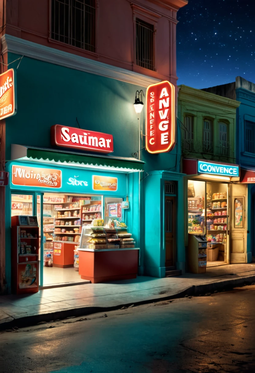 midnight convenience store, Movie Still, Madagascar, (masterpiece, best quality, Professional, perfect composition, very aesthetic, absurdres, ultra-detailed, intricate details:1.3)