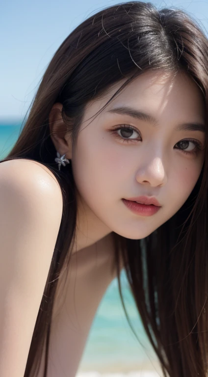 ikon RAW photo,8 k,Fujifilm XT3,masterpiece, best quality, realistic, photorealistic,ultra detailed,1girl,solo, close up portrait, diamond stud earrings, long straight black hair, hazel eyes, serious expression, topless , Ocean , saika1,underless,underless最高品質, 8K, masterpiece :1.3)), 2 Japanese age girls, smile,官能的 small breasts,whole body, Face thinning, Beautiful woman,topless (dark brown hair), :1.1, ,Teabag,highly detailed face, delicate eyes, double eyelid, blurred background, Face thinning, ベージュロングboots,small breasts,Ocean,topless,boots,underless,Ultra beige mini skirt