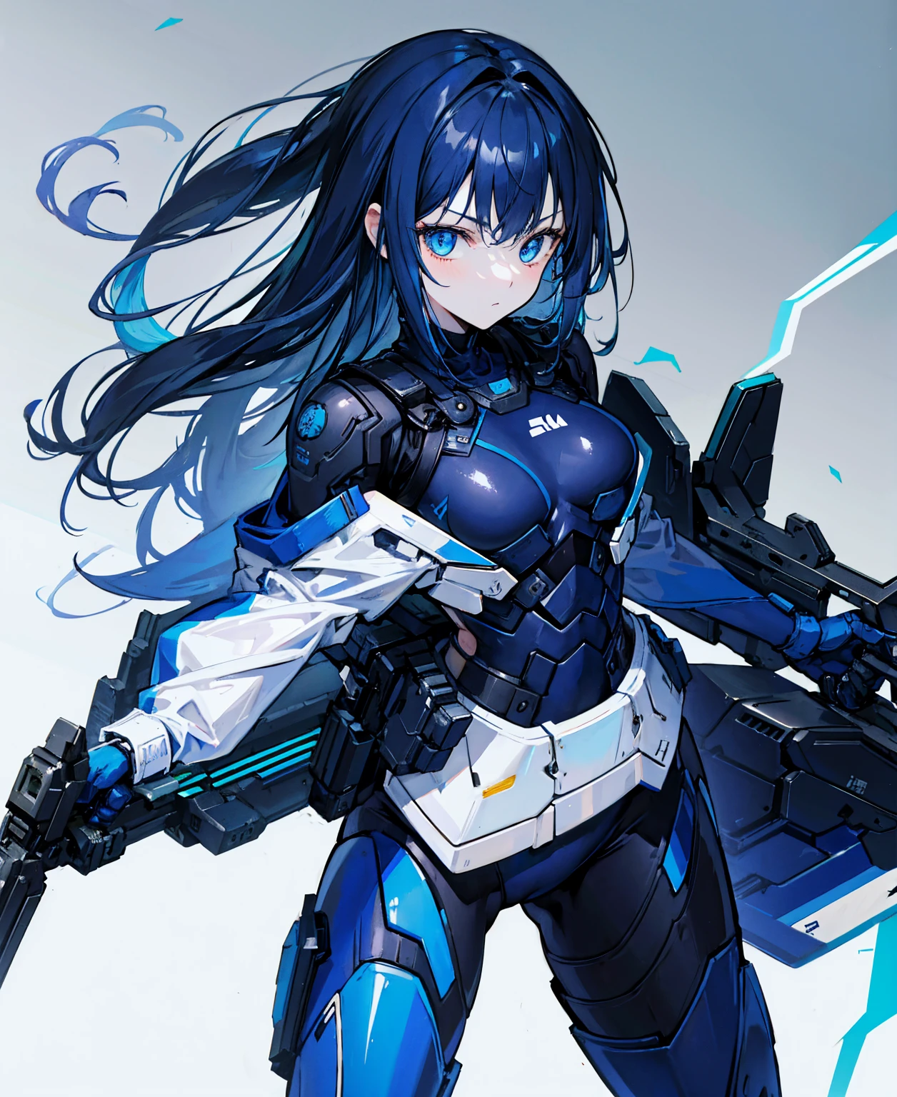 no background,girl,carry a firearm,Enamel-like tight suit,use of firearms,dark blue long hair,attention arousal,blue colored eyes,no gradation